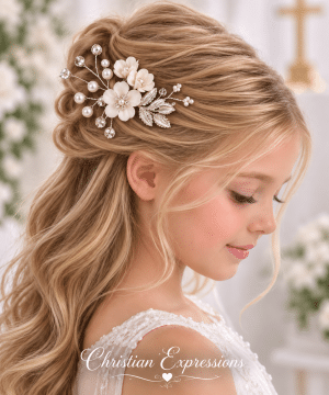 First Communion Hair Comb with Fabric Flowers