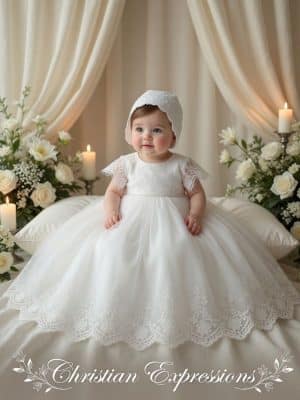 Christening Gown with Lace Bodice Pearl Waist