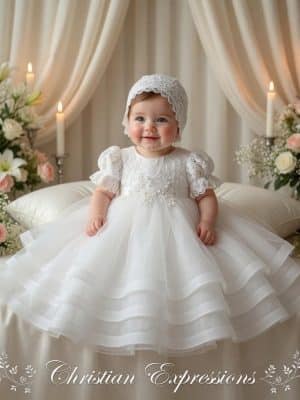 Girls Christening Gown with Horsehair Trim Layered Skirt