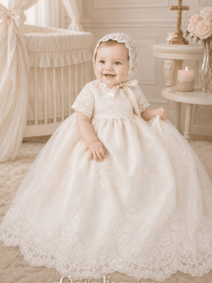Girls Ivory Christening Gown with Lace Sleeves