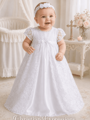 Girls Satin Christening Gown with Lace over Jacket