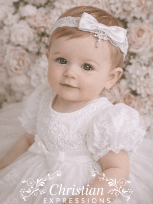 Girls Christening Headband – Stretch Lace Baby Headband with White Bow & Swarovski Crystal Cross