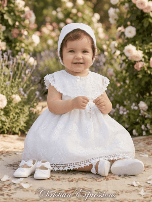 Girls Embroidered Christening Dress with Attached Scarf