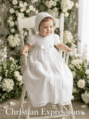 Girls Lace Long Christening Gown with Shiny Satin Underlay
