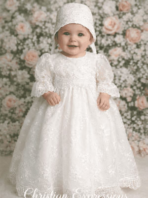 Girls Christening Gown – Embroidered Tulle with Sequins with Puffy Sleeves