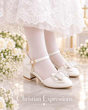 Girls White First Communion Shoes with Crystal Bow