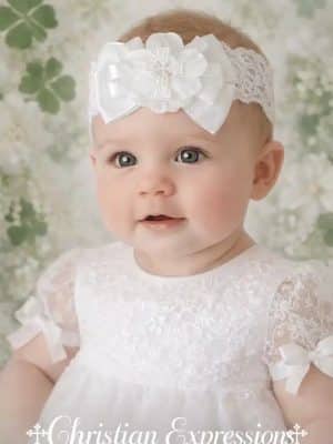 Girls Christening Headband with Irish Celtic Cross Applique & Lace Band