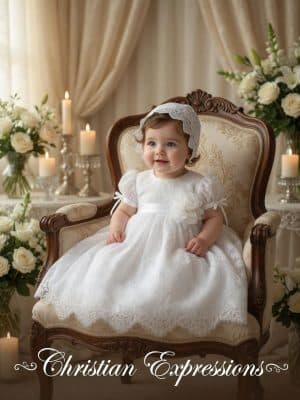 Girls Christening Gown – Adorable All Lace Puff Sleeve Christening Gown