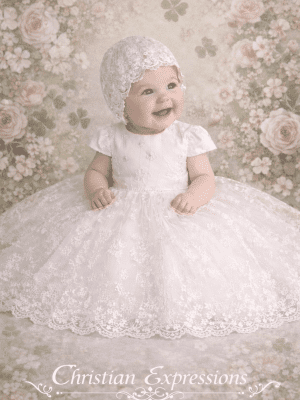 Irish Christening Gown with Shamrocks and Floral Embroidery and Sequins