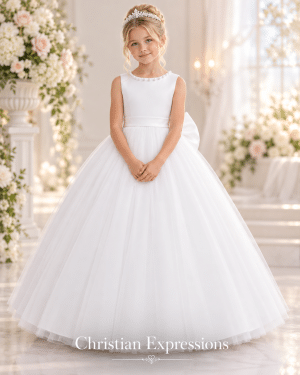 First Communion Dress with Large Pearls On Neckline