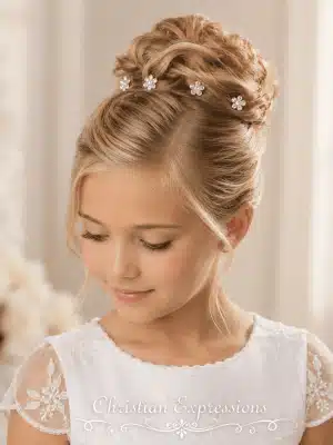 First Communion Rhinestone Flower Hairpins Set of 4