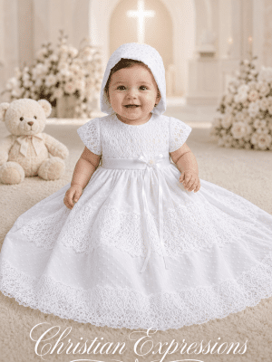 Girls Christening gown with Embroidered Tulle and Polka Dots