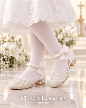 Girls White First Communion Shoes with Diamond and Pearl Embellishment