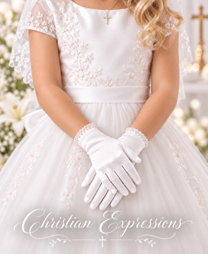 White First Communion Gloves with Decorative Pearl Accents