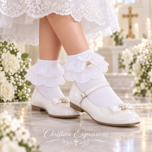 Girls White First Communion Anklet Socks with Lace, Bow & Pearl