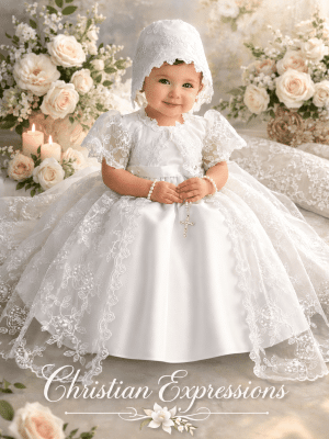 Girls Christening Dress with Satin Design & Embroidered Tulle Cape