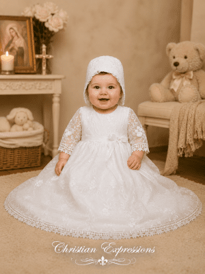 Girls Embroidered Tulle Christening Gown with Long Sleeves