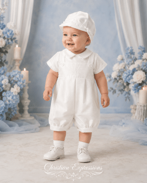 Boys Shantung Christening Romper with Embroidered Cross