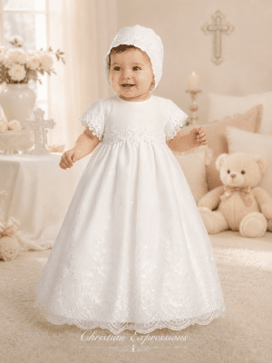 Girls Embroidered Christening Gown Lace Short Sleeves