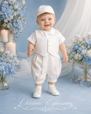 Boys Poly Cotton Christening Romper with Jacquard Vest