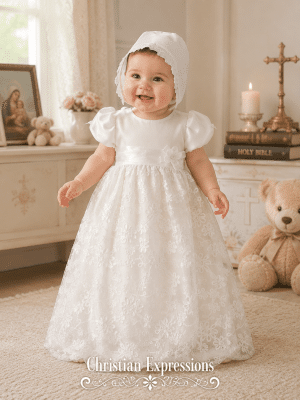 Girls Christening Gown with Tulle bodice with embroidered satin ribbon