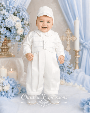 Boys Satin Long Christening Romper with Organza Checkered Vest