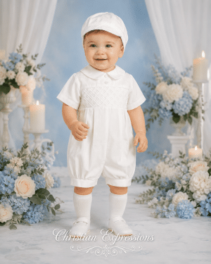 Boys Poly Cotton Christening Romper with Embroidered Eyelet Trim