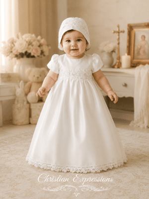 Girls Organza Christening gown with corded trim and sequins