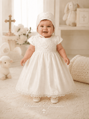 Girls Raw Silk Christening Dress with Embroidered Tulle & Sequins