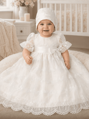 Girls Christening gown with Embroidered Tulle and Puff Sleeves