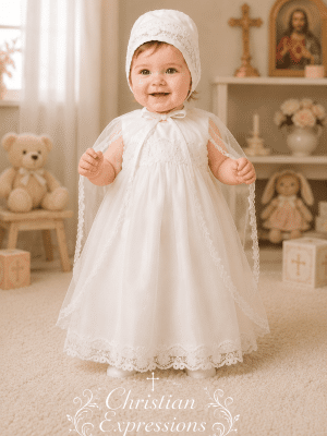Girls Christening Dress with Satin Bodice, Tulle Skirt & Cape