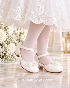 Girls White First Communion Shoes with Organza Flowers and Pearls