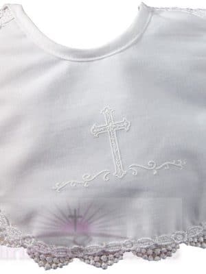Girls Polycotton Christening Bib with  Cross and Venise Edge