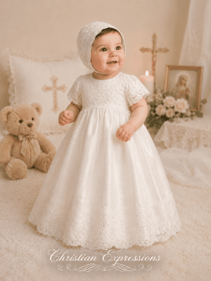 Girls Raw Silk Christening Gown with Beading