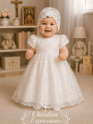 Girls Christening Gown with Corded Embroidered Tulle & Sequins