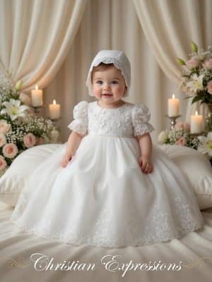 Girls Christening Gown – Puff Sleeve Lace Bodice with 3D Floral