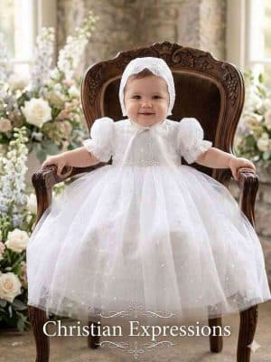 Girls Christening Gown with Sequin & Pearl Bodice