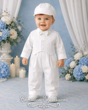 Boys Long Poly Cotton Baptism Romper with Embroidered Vest