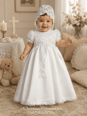Girls Satin Christening Gown with Sequin Beads