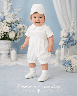 Boys Smocked Cotton Christening Romper Set