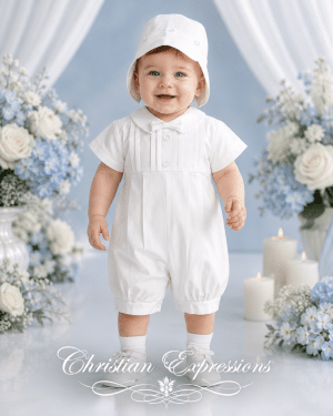 Boys Poly Cotton Christening Romper with Pleated Top