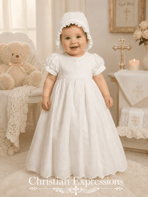 Girls Embroidered Cotton Eyelet Christening Gown