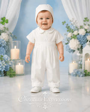 Boys Irish Christening Outfit with Embroidered Shamrock Romper