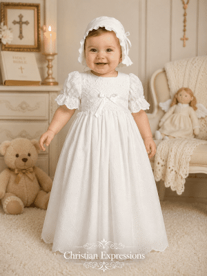 Girls Embroidered Cotton Eyelet Long Christening Gown