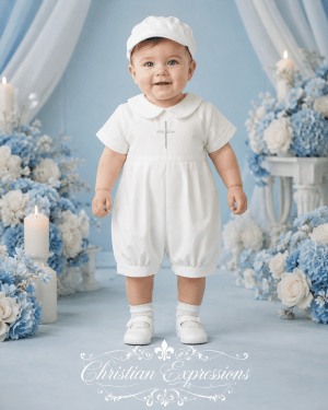 Boys Cotton Christening Romper with Embroidered Silver Cross