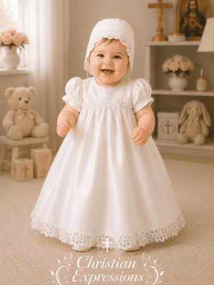 Girls Shantung Christening Dress with Corded Embroidered Trim & Sequins