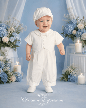 Boys Cotton Romper Christening Outfit with Pique Vest