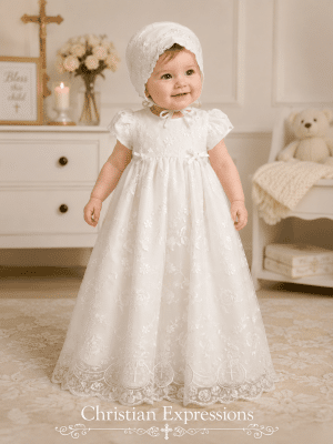 Girls Heirloom Long Christening Gown with Embroidered Cross Design