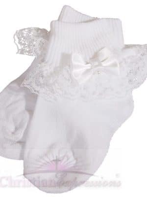 Girls White Christening Socks with Bow and Pearl