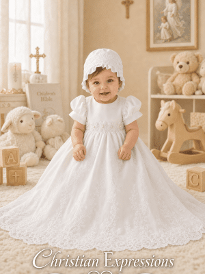 Girls Long Christening Gown with Satin bodice with embroidered tulle